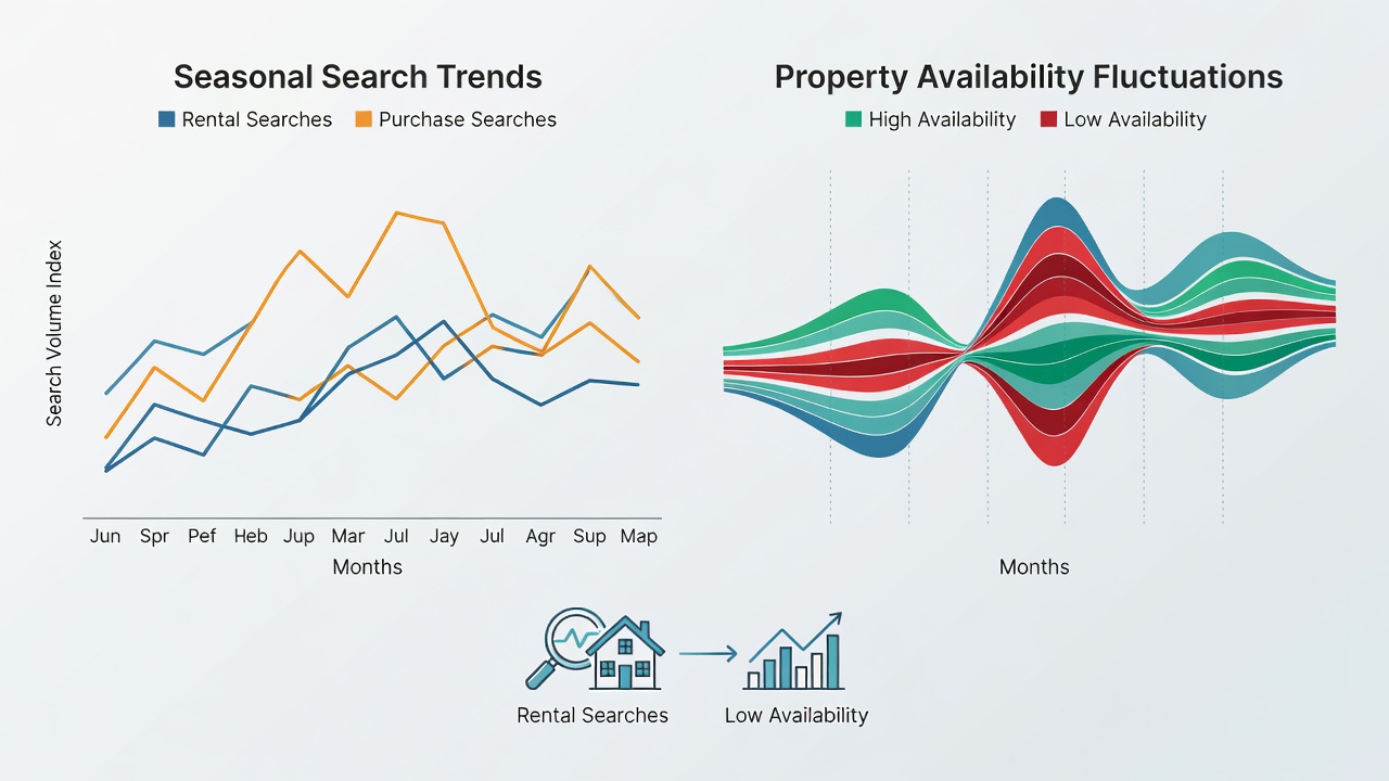 Dashboard screenshot displaying search trend lines overlaid with property availability metrics from 2025-2026